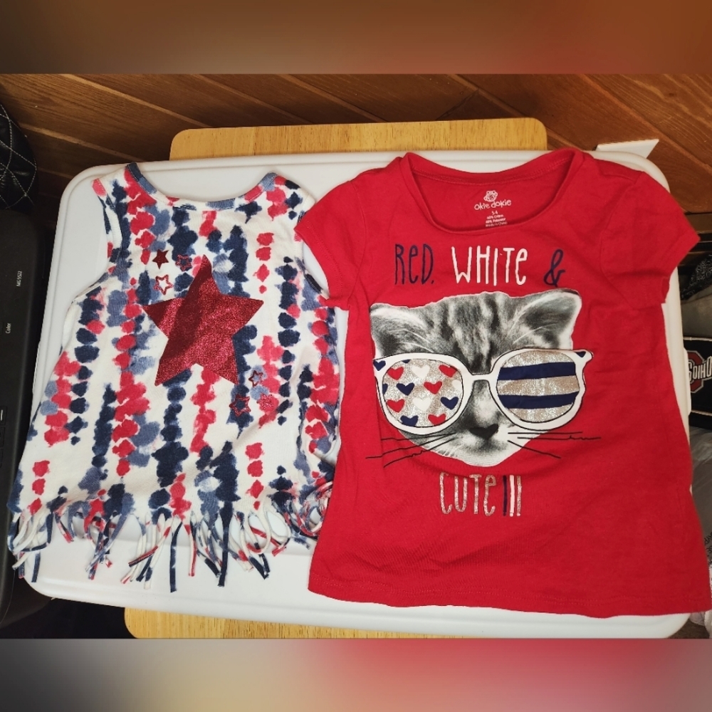 2 Fourth of July shirts 4t girl cat with glasses and tie dye tassle tank top